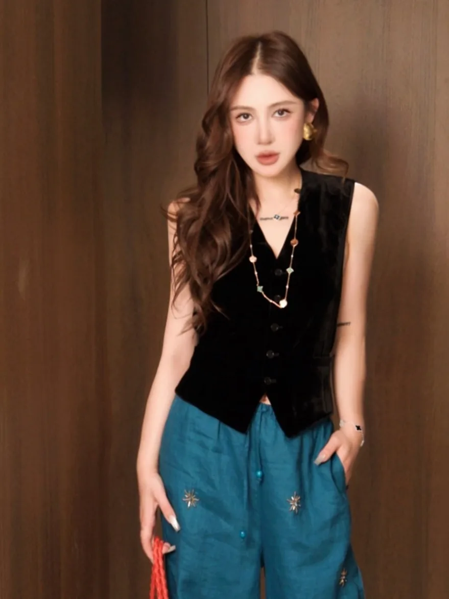 

Женский летний повседневный топ-жилет из шелкового вельвета и атласа в стиле пэчворк, однотонный, с V-образным вырезом, средней длины, на одной пуговице