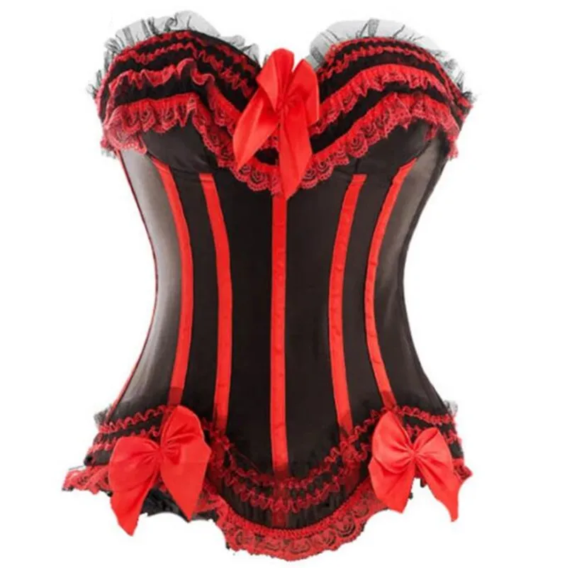 Sexy Corset Dress Red Strip Corset and Lace Mini Short Skirt Straps with Cup Lingerie Showgirl Dance Dress Plus Size S-2XL