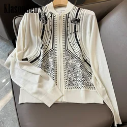 2.27 KlasonBell-Silk Print Cardigan for Women, Hollow Out, Spliced Wool Coat, Knitted Zipper, Comfortable, Fashion Clothes