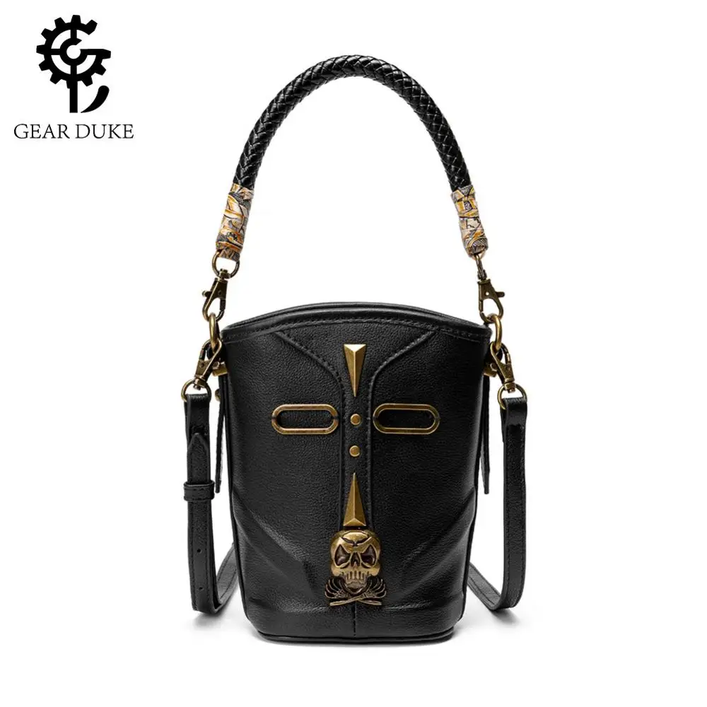 Cow Leather Bucket Bag Vintage Retro Punk Waist Bag Skull Metal Decoratived Single Shoulder Bag Medieval Steampunk Messenger Bag