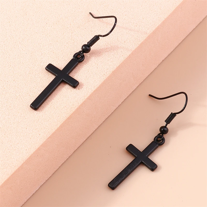 Women's Gothic Black Cross Drop Earrings, Dangle Hook Design