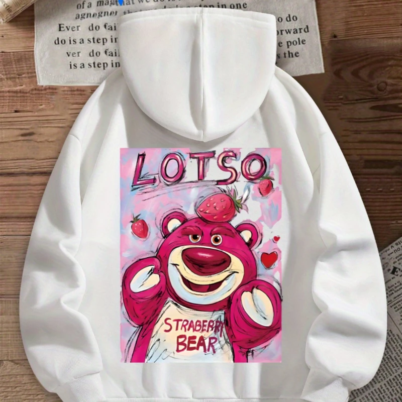 Felpa con cappuccio da donna Disney, pullover ampio alla moda con stampa di orsi di fragole, top caldo e confortevole per l'autunno e l'inverno