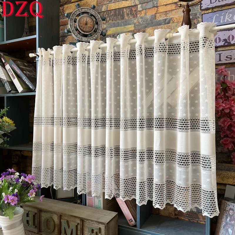 French Beige Lace Short Curtains for Kitchen Stripe Hollow Half Curtains Short Curtains Living Room/Door Coffee Valance #A385