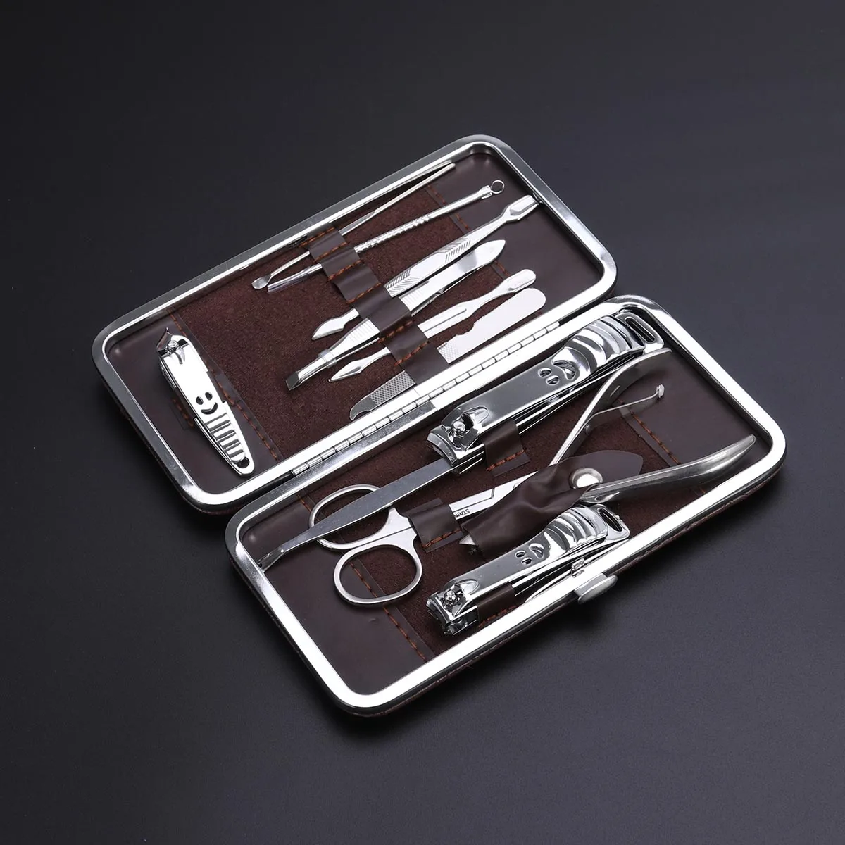 

12Pcs Manicure Pedicure Set Nail Care Kit Stainless Steel Grooming Tools Brown Case Professional