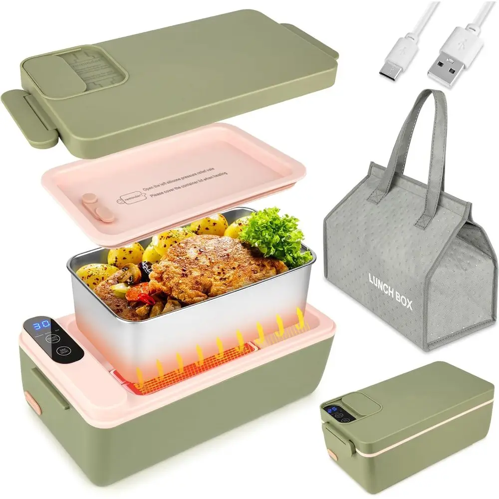 

Cordless Electric Lunch Box, 1L 304 Stainless Steel Container, Warming Time Selectable, HD Display (Green)