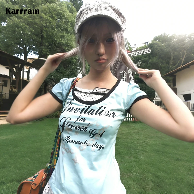 T-shirt Karrram japonais Y2K à imprimé lettres, style années 2000, faux deux-pièces, vintage Harajuku, Cutecore, Lolita, rétro américain