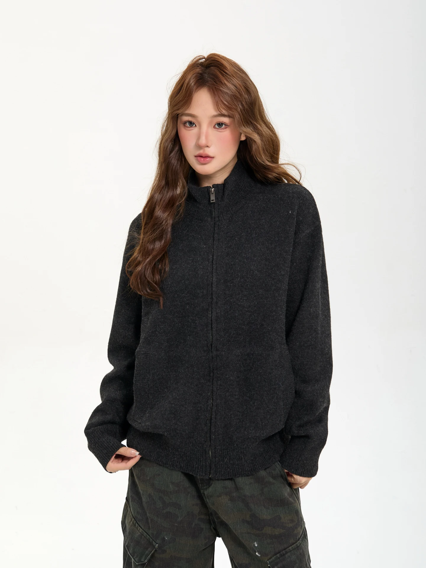 

7KEEWEN Autumn Winter American Retro Loose Casual Knitted Open Cardigan Sweater Women's Long Sve Stand Collar Coat
