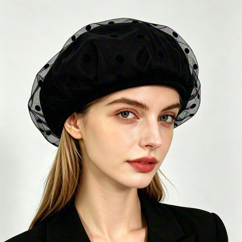 Autumn Winter Retro Polka Dot Mesh Beret Light Thin Face Slim Painter Cap Elegant Women Daily Matching Sun Hat