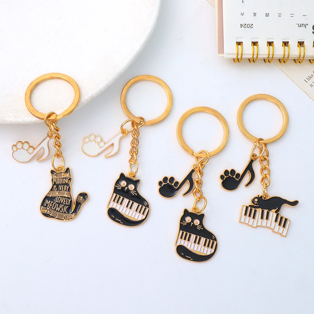 Enamel Piano Cat Keychain Cute Musical Note Pendant Key Chain For Women Men Handbag Ornaments Car Keyring DIY Jewelry Gift