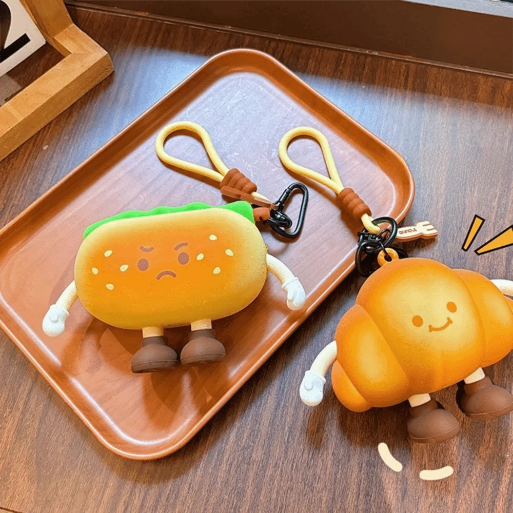 Soft Silicone Cartoon Bread Coin Bag Afternoon Tea Series with Handle Rope Zipper Keys Pouch Realistic Looking Reusable