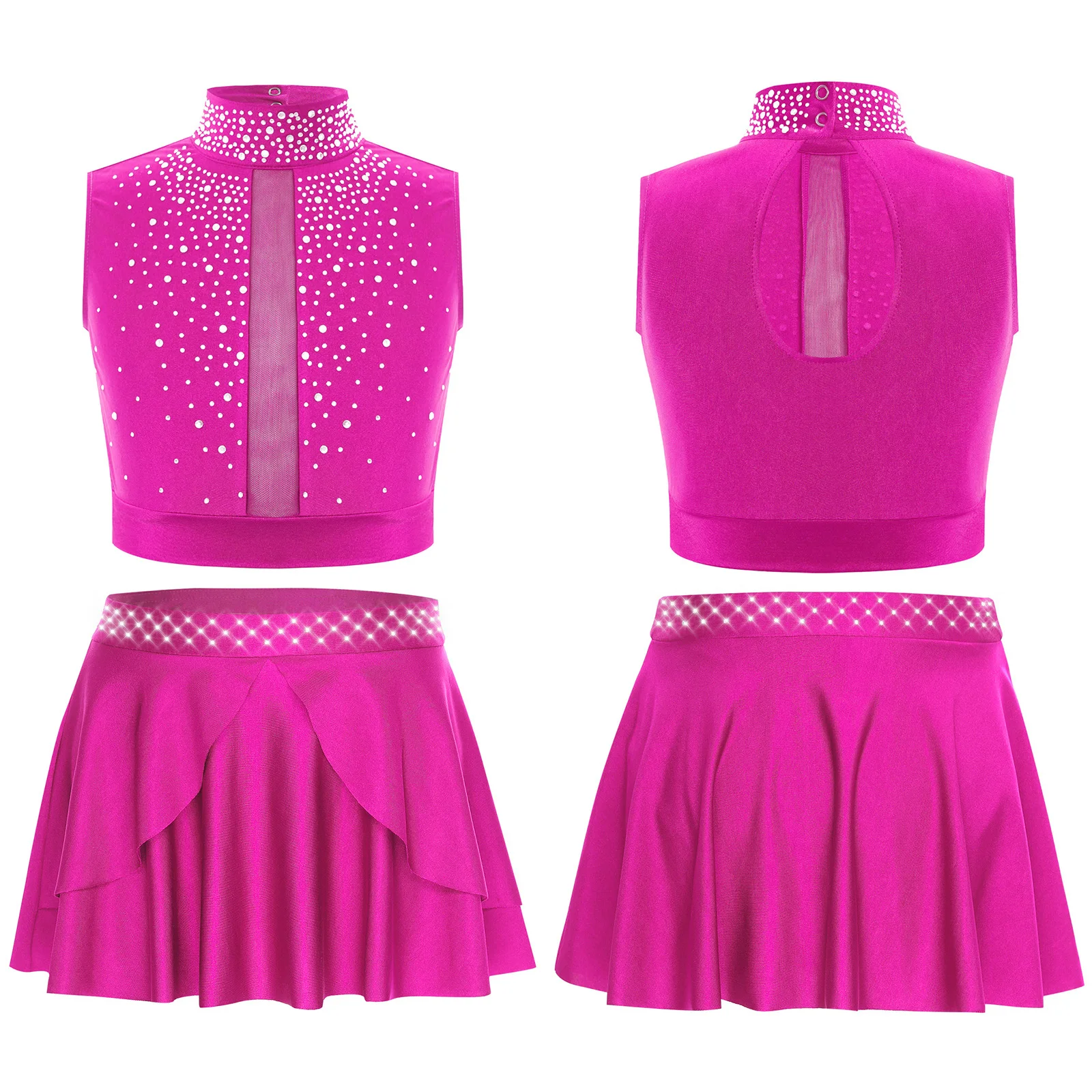 ‌ Tenue de danse contemporaine en strass pour filles, haut arrière avec trou de serrure et jupe à ourlet irrégulier, slip intégré pour spectacle de jazz latin