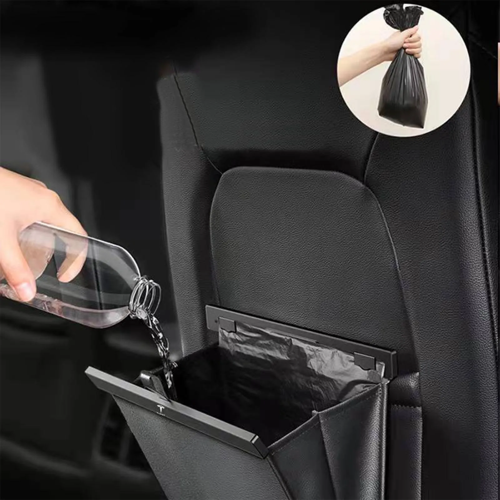 Bolsa de basura de cuero para coche Tesla Model 3 Y X, impermeable, para asiento trasero de coche, cubo de basura colgante, cubo de almacenamiento, bolsa de basura Interior de coche