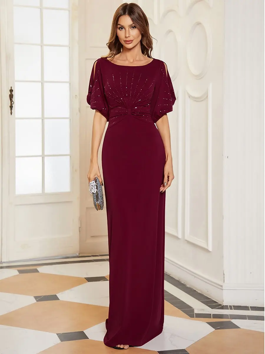 

Elegant Evening Dresses Round Neck Half sleeves Floor length 2025 Ever Pretty of Fishtail Burgundy Bridesmaid dress