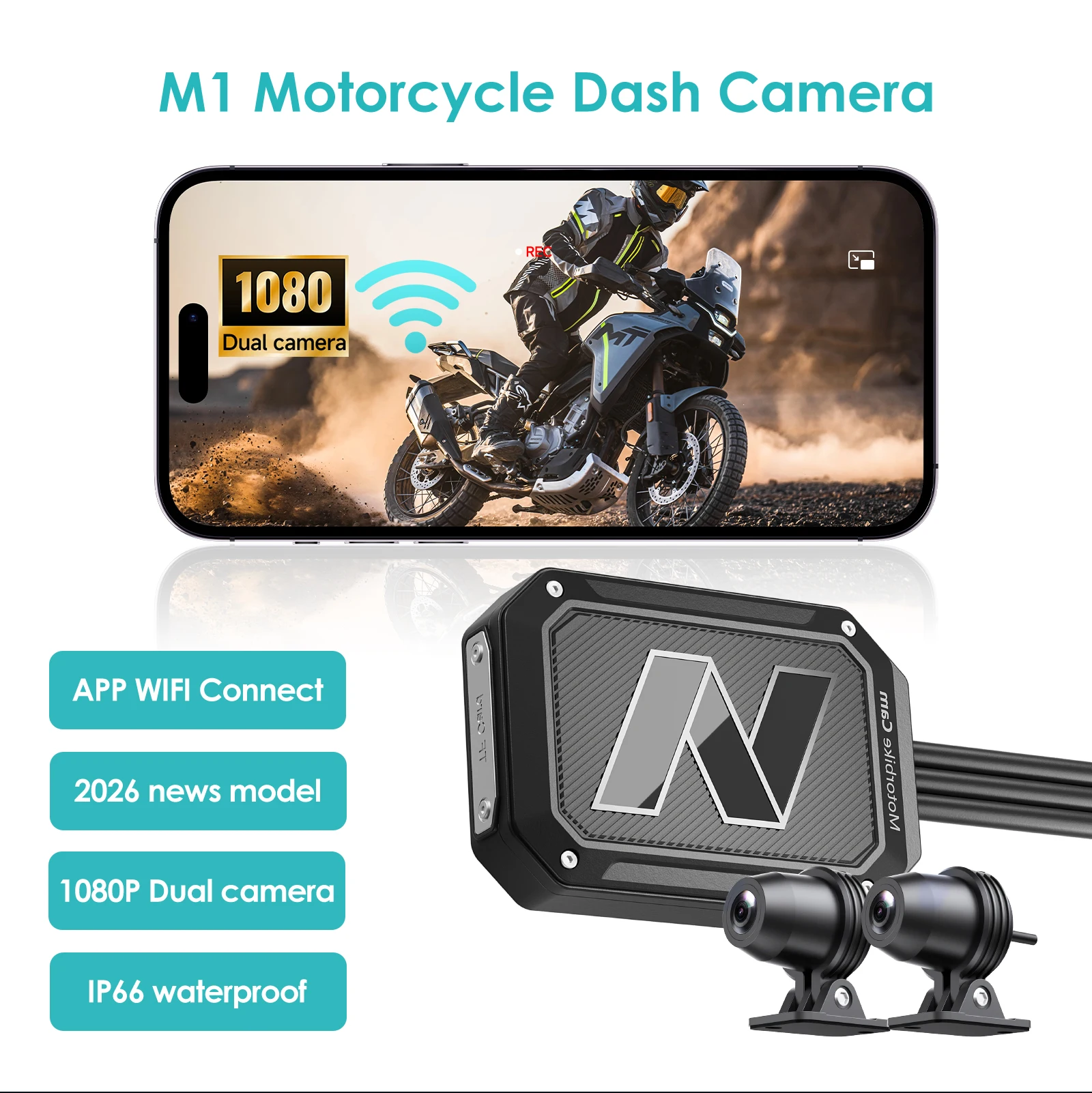 Motorcycle DVR Single 2K or Dual 1080P Smart Connect Action Camera Recorder Front & Rearview WiFi Waterproof Motorcycle Dash Cam