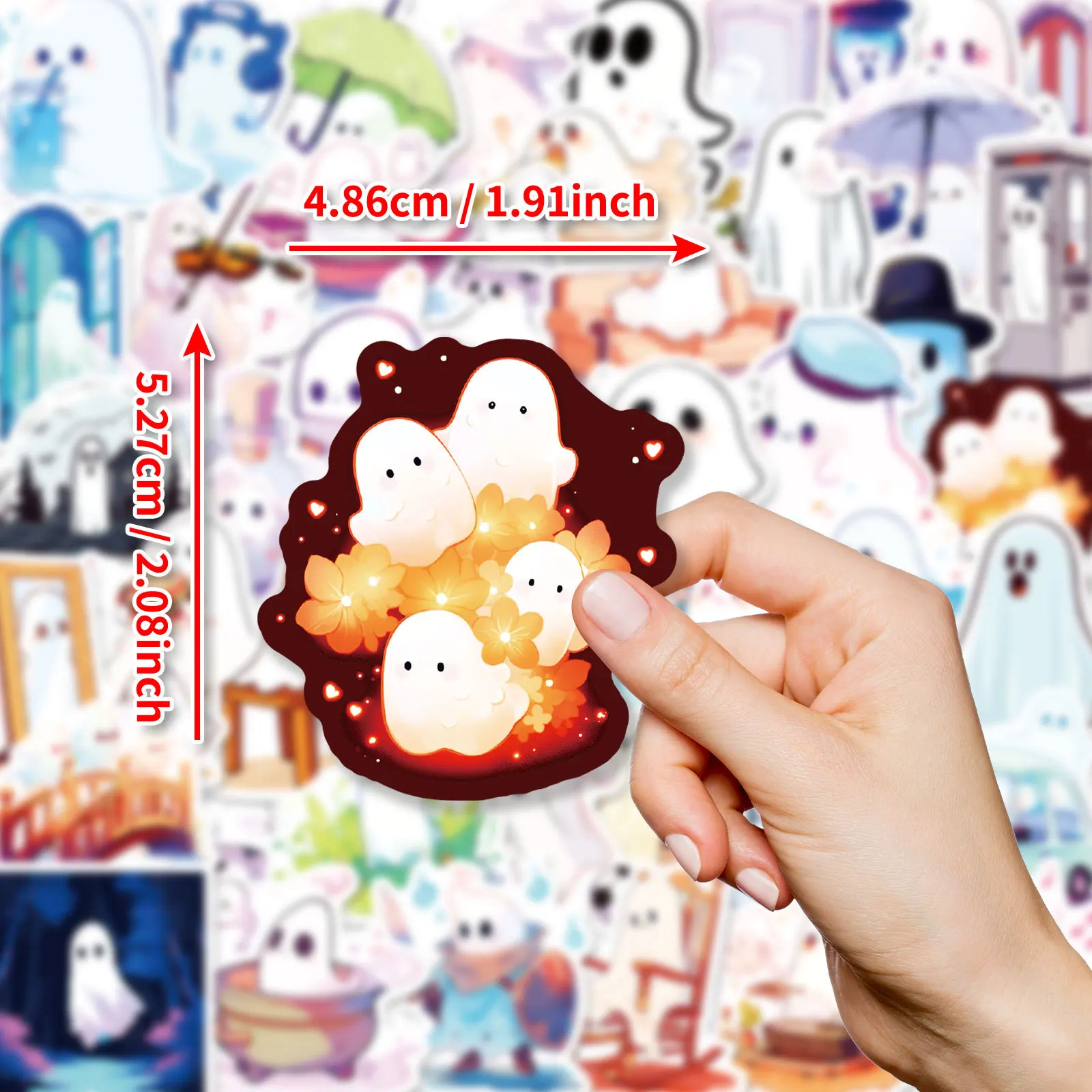 50Pcs Cute Cartoon Ghost Stickers Kawaii Spooky Ghost Decals Waterproof for Laptop Water Bottle Journal Halloween Party Decor