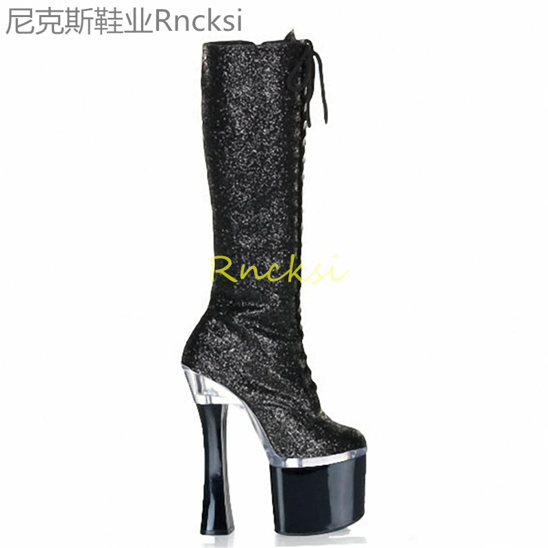 

20cm Spring and autumn new stiletto heels patent leather knee-length boots stiletto pole dancing boots round toe shoes