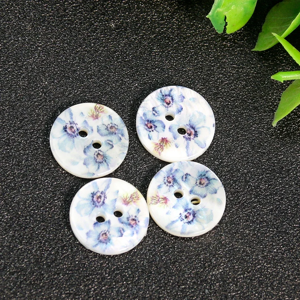 5PCS Blue Forget-me-not Peony Flower Real Mother of Pearl Shell 2-holes Flatback Round Buttons DIY Shirt Cufflinks Sewing Crafts