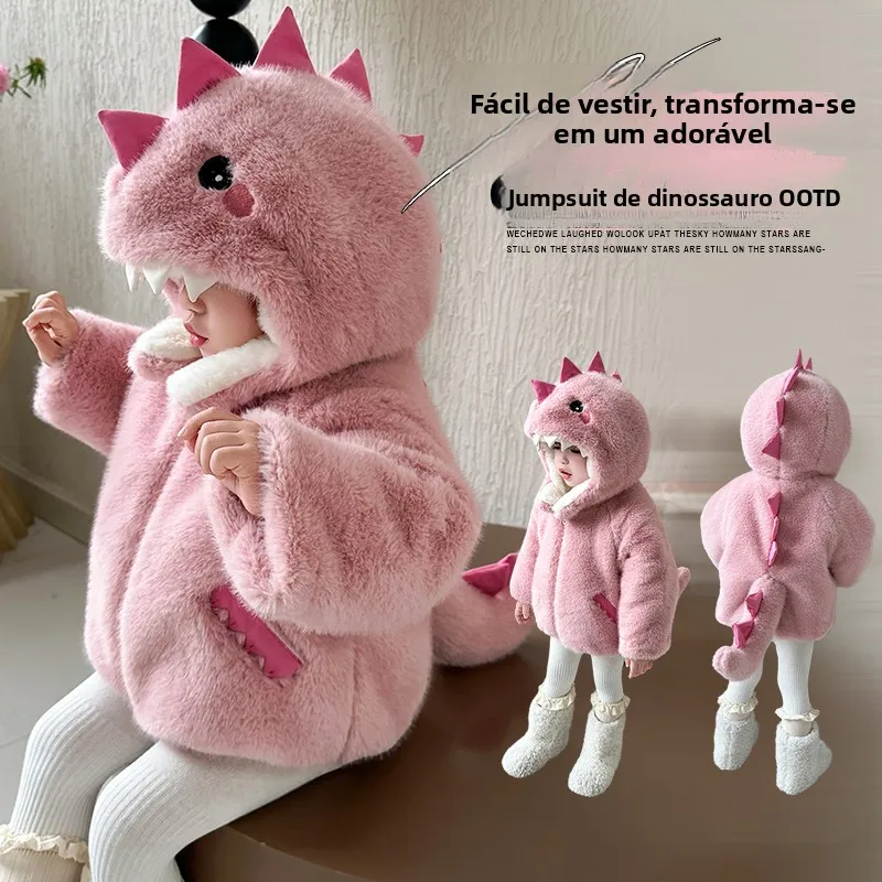 girls-winter-fur-coat-dinosaur-fur-thickened-cartoon-children's-clothing-faux-fur-jacket-with-hat-zipper-closure-kids-outwear