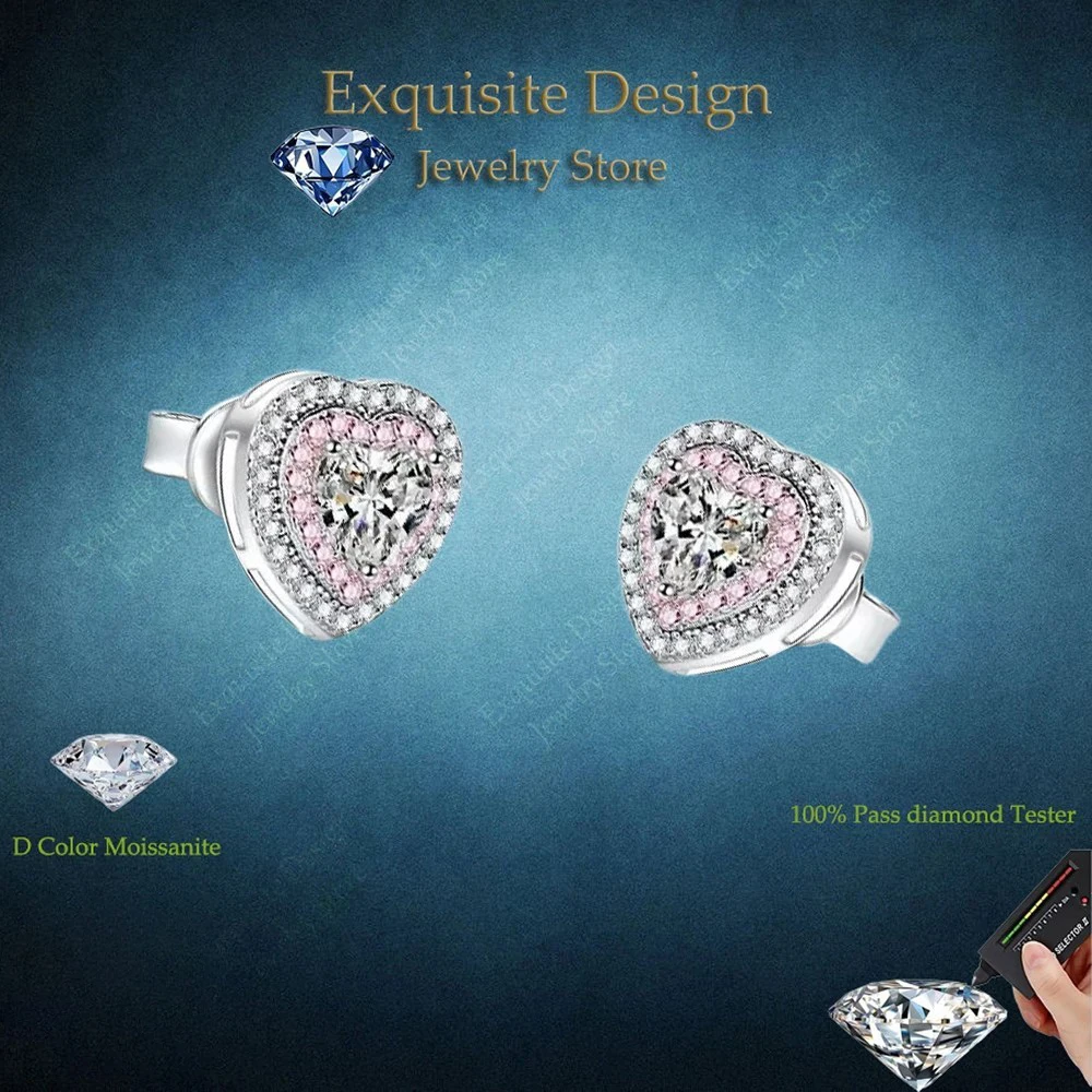 

Exquisite Design 1carat Pink Love Shaped Moissanite Earring, PT950 Platinum Stud Earrings Fine Jewelry Wedding Gift for Women