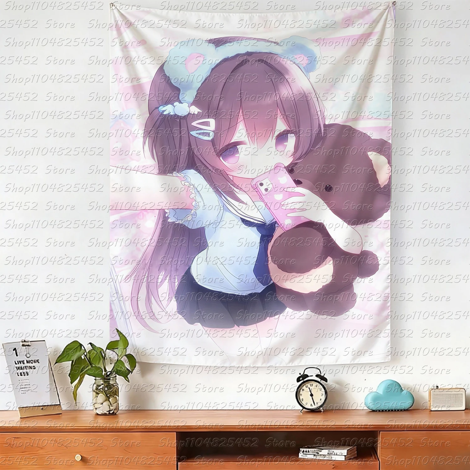 

Kawaii Anime JK Girl Tapestry, Sailor Uniform Selfie Wall Hanging, Pastel Purple Background Cloth for Bedroom Dorm