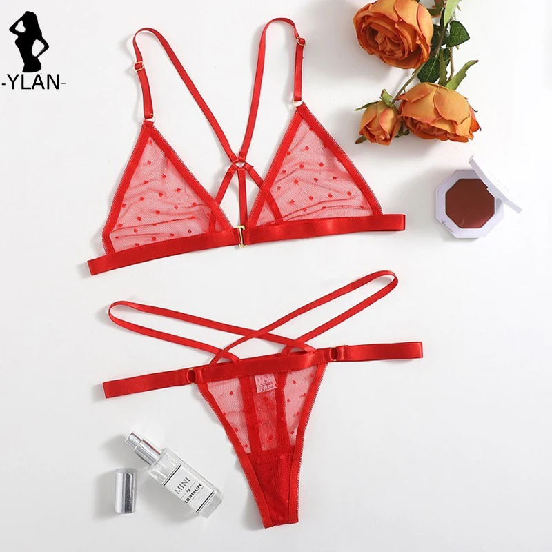 Sexy Women Bra Set Red Dot Lingerie Set See Through Intimates Bralette Briefs Sets Fashion Mesh Sexy Underwear Bandage Lingerie