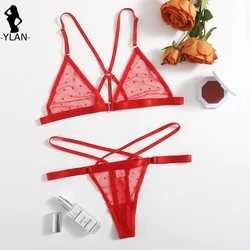 Conjunto de sujetador de punto rojo para mujer, ropa interior Sexy transparente, Bralette, conjuntos de bragas, ropa interior Sexy, vendaje, moda