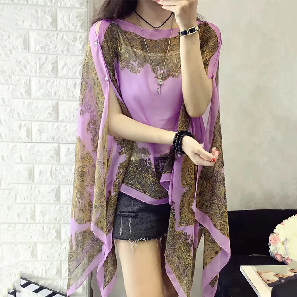 Women Batwing Sleeve Shawl Blouse Batik Silk Sun Protection Blouse Shirt Round Neck Cover Up Top