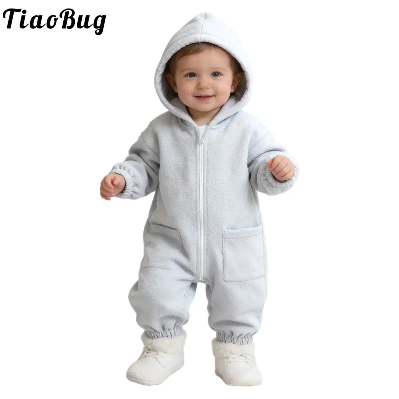 

Зимний теплый флисовый комбинезон для малышей (мальчиков и девочек) с капюшоном, длинными рукавами, на молнии, с карманами, детский зимний костюм, домашняя одежда