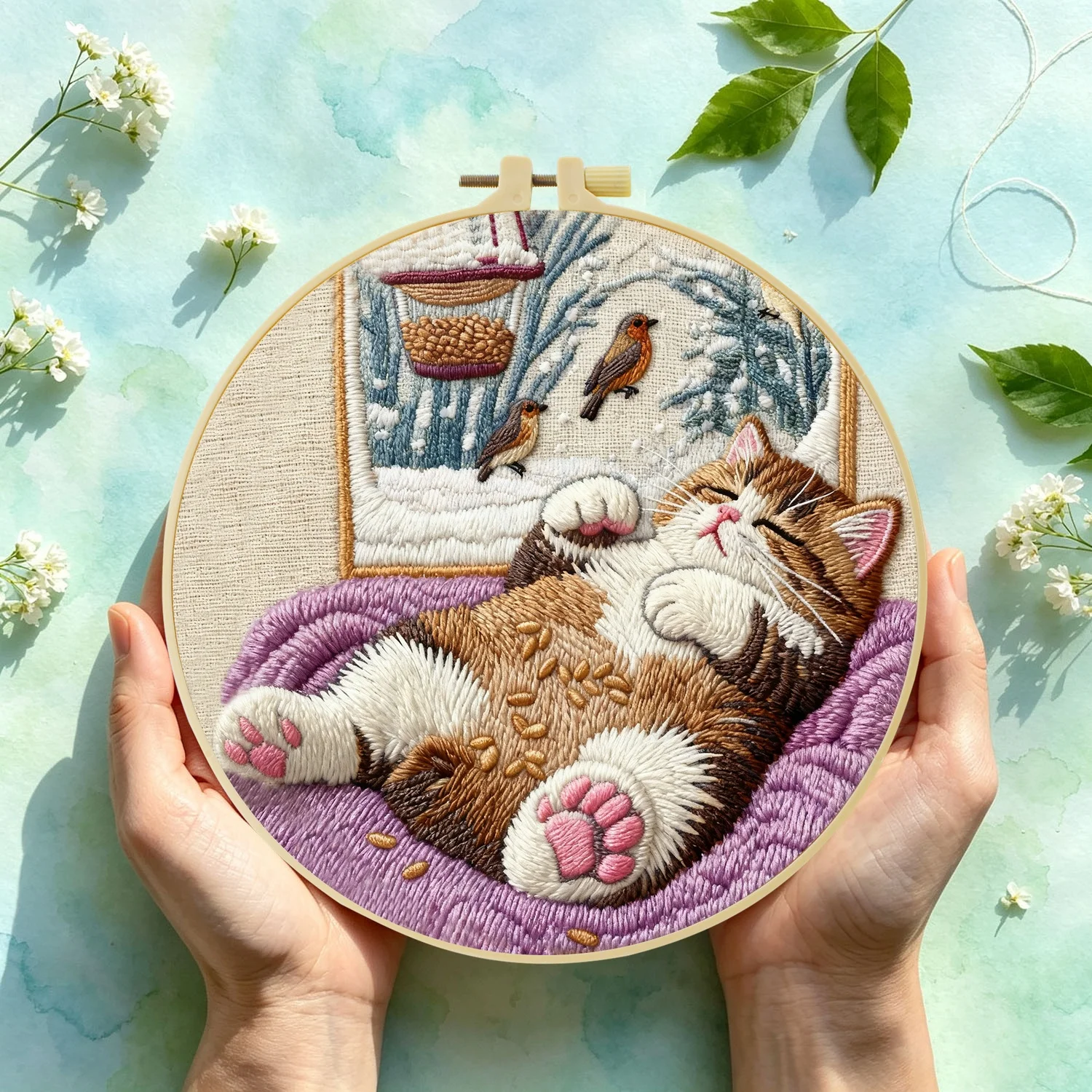 Schlafende Katze Winterszene 1 Stück DIY Stickerei-Material-Set für Anfänger Stickerei-Starter-Kit Kreuzstich-Kunst als Geschenk Nadelarbeit – Detail 4