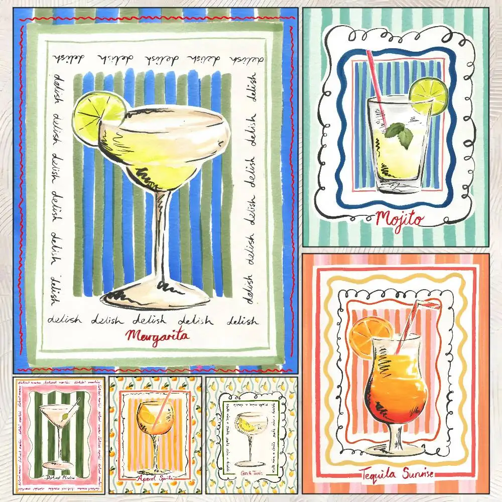 Cocktail Juice Drinks Bar Vintage Poster Self-adhesive Art Room Entrance Restaurant Wall Decor Art Painting
