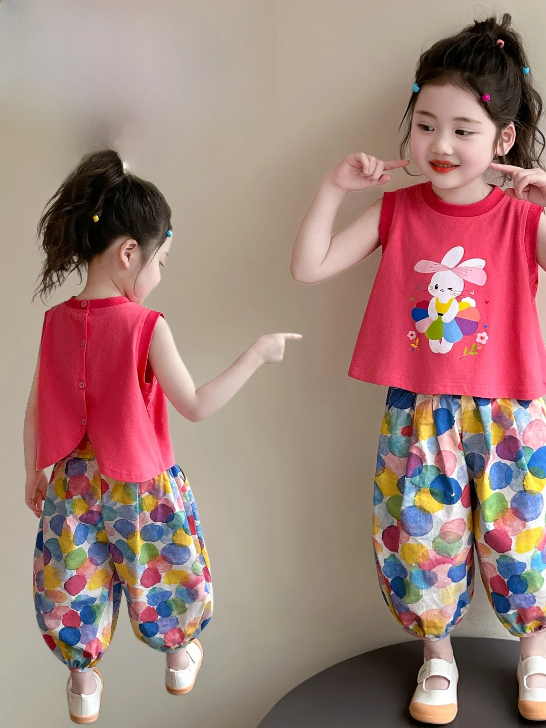 女の子の夏服セットベビー蚊よけベストとパンツの2点セット綿混紡生地軽量通気性吸湿発散性