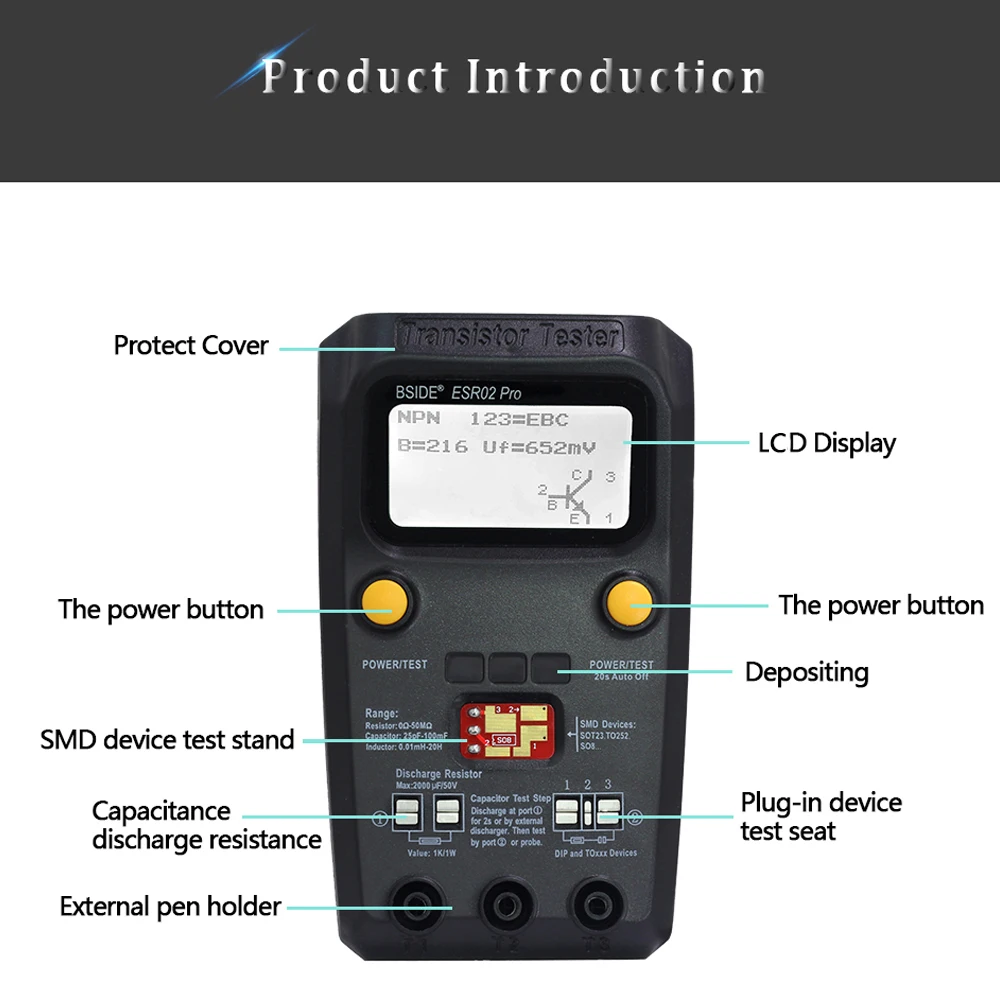 BSIDE ESR02 Pro Transistor Tester Digital Tester Diode Triode Resistor Capacitance Inductance MOSFET NPN PNP Triac MOS Detector