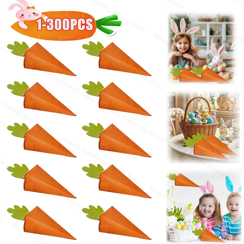 Cajas de dulces de zanahoria 3D para galletas de conejito de Pascua, bolsas de embalaje de aperitivos, cajas de papel cónicas para envolver bolsas de recuerdo de fiesta, 1-300 Uds.