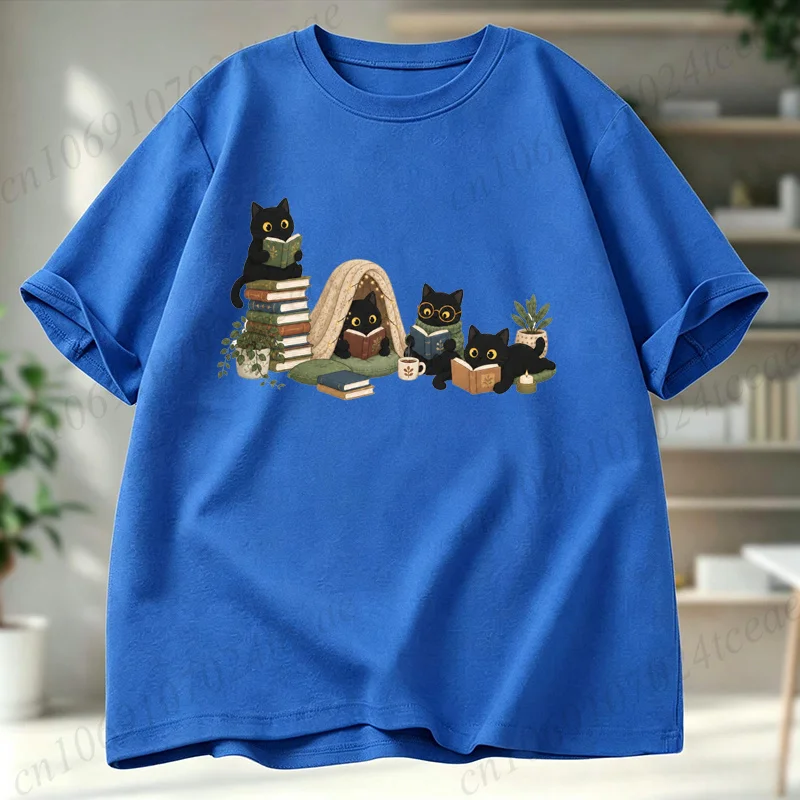 Black Cat Reading Librarian Teacher Bookish T-Shirt Aesthetic Graphic Tops Men's Women T-Shirts Summer Fashion Shirt Casual Gift view 2