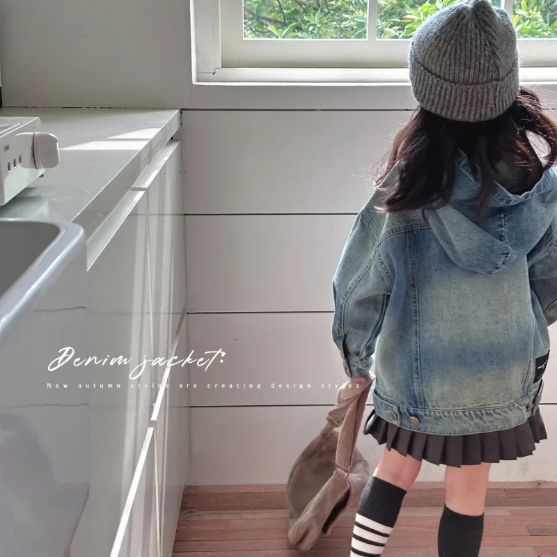 

Girls Coat 2024 Autumn New Childrens Clothes Baby Girls American Style Retro Hooded Denim Coat Casual Simple and Daily