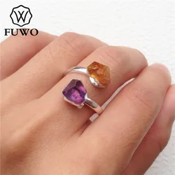 FUWO 1 Pc Irregular Double Natural Crystal Ring,Composed Of Amethysts And Citrines,For Women's fashion jewelry RG010