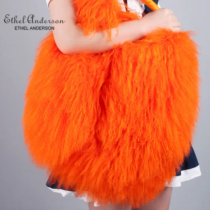 Luxury Real Mongolia Lamb Fur Handbag Soft Plush Genuine Leather Shoulder Boston Bag Women's Purse Hobo Style Fluffy Fuzzy Bags