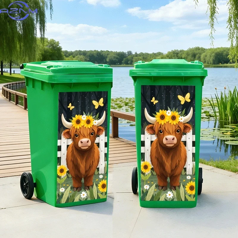 [2D Flat Printing]1pc of Trash Can Sticker[Title Translated, Do Not Change] Forest Flower Cow Gazing Theme Design Wall Sticker