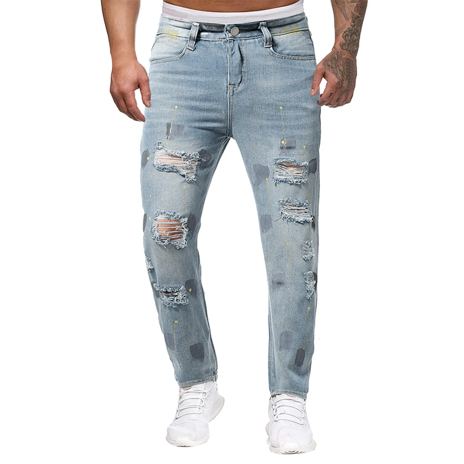 Mens Fashion Casual Straight Hole Buckle Zipper Middle Waist Denim Long Pants Star Apparel