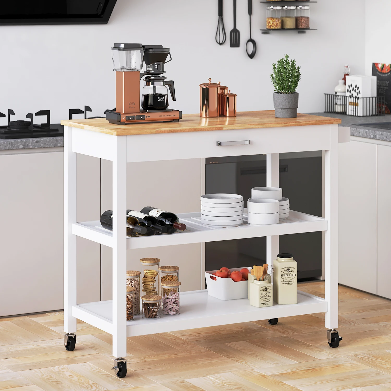 

Kitchen Carts on Wheels with Storage, Rolling Kitchen Island with Shelves and Rubberwood Top, Kitchen Islands Table