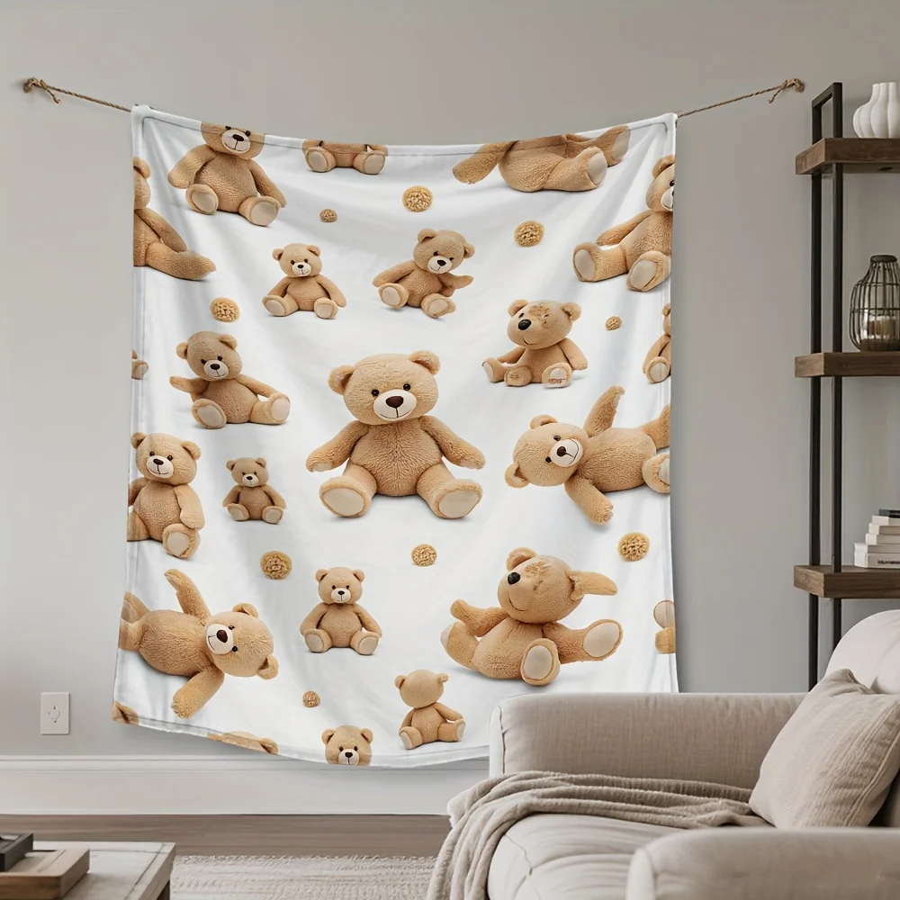1pc Cartoon Teddy Bear Pattern Flannel Blanket - Snug, Easy to Maintain & Portable, Ideal for Road Trips, Sofa, & Outdoor Gather