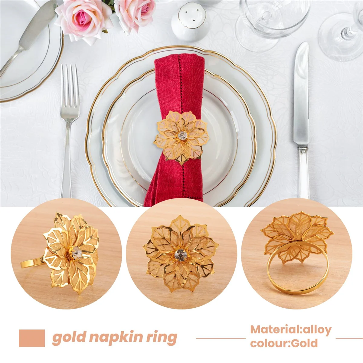 6Pack Napkin Rings, Gold Napkin Rings Buckles for Table Decorations, Wedding, Dinner,Party, DIY Decoration,Gold