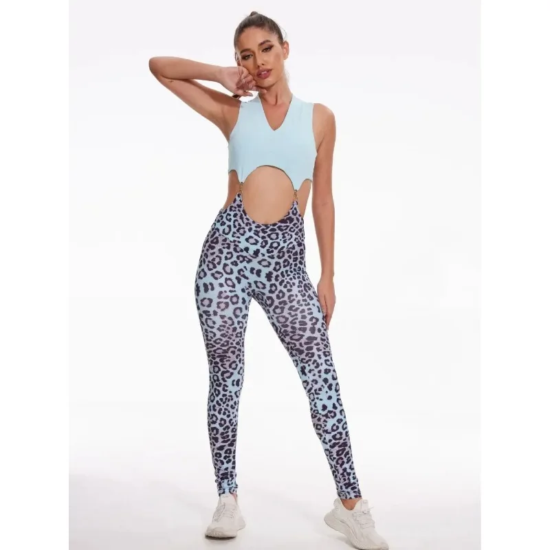 Sport Bra Scrunch Pant Leopard One Piece Jumpsuits - Women\'s Active Wear Suits for Gym Fitness Workout Legging.