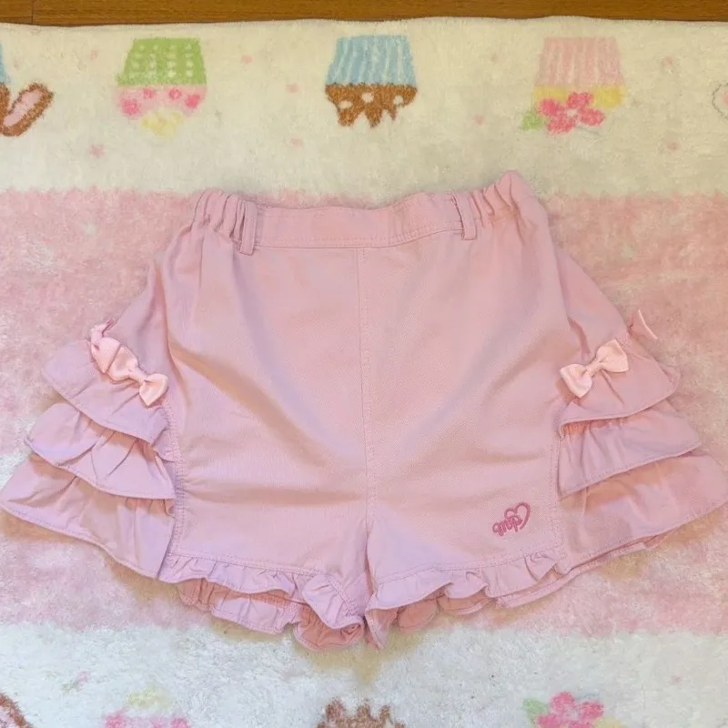 

Kimutomo Japanese Summer Kawaii Cute Bow Shorts for Women High Waist Casual Loose Wide Leg Pants Y2k Ruffled Grunge Trousers