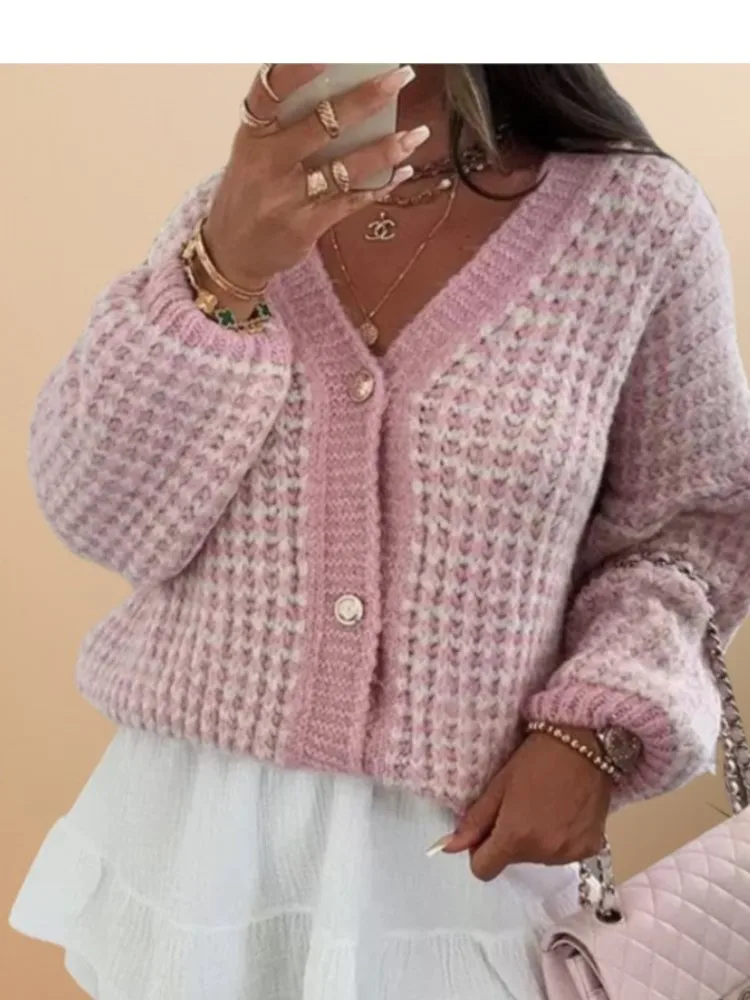 Outono e inverno com decote em v cardigan camisola jaqueta feminina elegante solto lã grossa bloco de cor de manga comprida malhas exterior topo