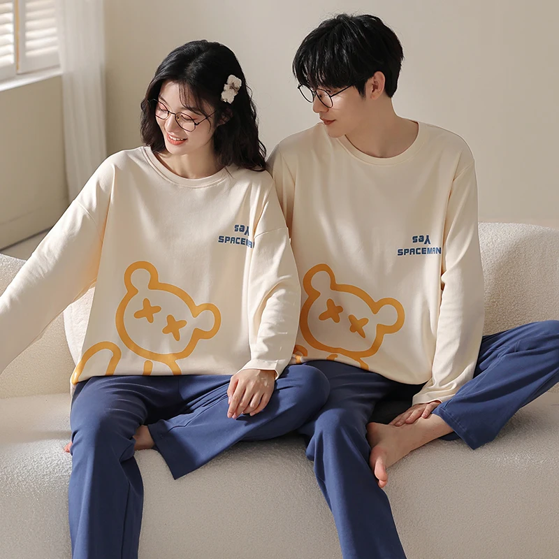 Spring and Autumn Leisure Home Furnishings Pure Cotton Long sleeved Minimalist Printed Men's and Women's Pajamas Autumn Style