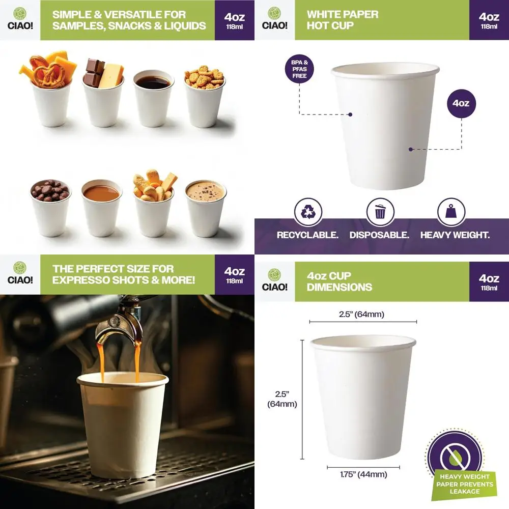 

4 oz Disposable White Paper Hot Cups, 6 Diameter, 2000 Pack
