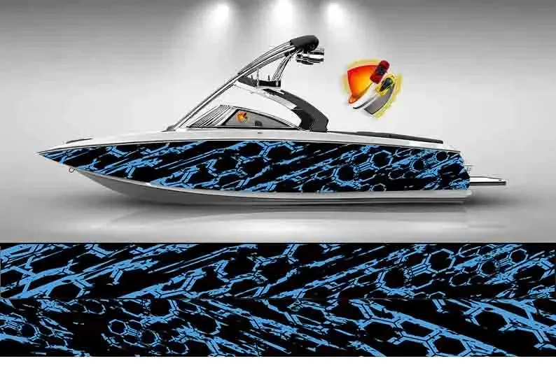 Abstract Art Graffiti Printing Dark Black & Green Fishbone Stripe Graphic Vinyl Waterproof Boat Wrap Decal Fits Any Boat Custom