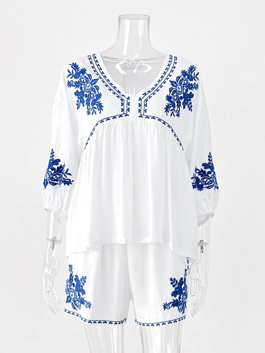 Parc Fee Fashion Loose Print Women's Two Pieces Set 2025 Casual Three-Quarters Sleeve Shirt With High Waist Shorts Set Female