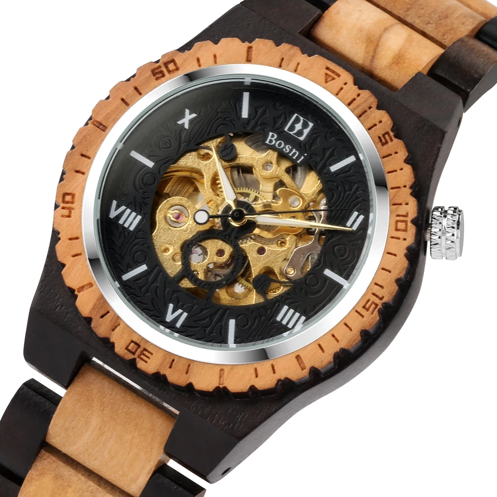 Full Wooden Automatic Mechanical Men's Watch Roman Numerals Display Folding Clasp Watchband Casual Fashion Wood Wristwatch Gift